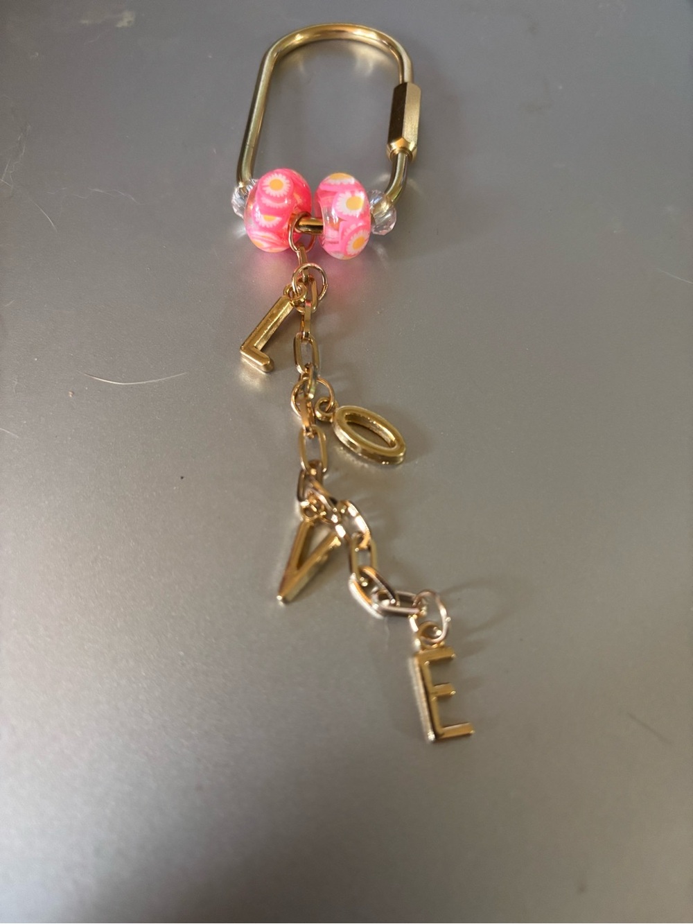 Gold Carabiner Bag Charm with Pink Accents and LOVE Charms